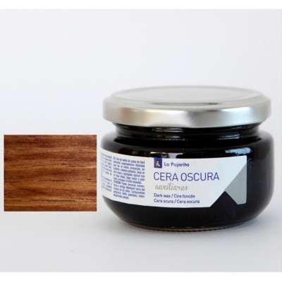 Frasco de cera escura para madeira La Pajarita com etiqueta branca e amostra de cor castanho escuro