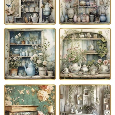 Coleção de imagens de prateleiras e móveis decorados com cerâmicas, plantas e livros antigos em estilo vintage.