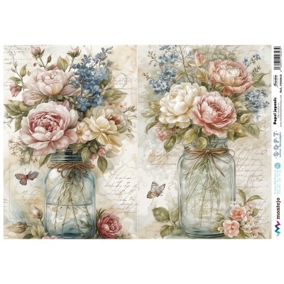 Duas jarros de vidro com flores variadas em fundo branco com texto e borboletas.