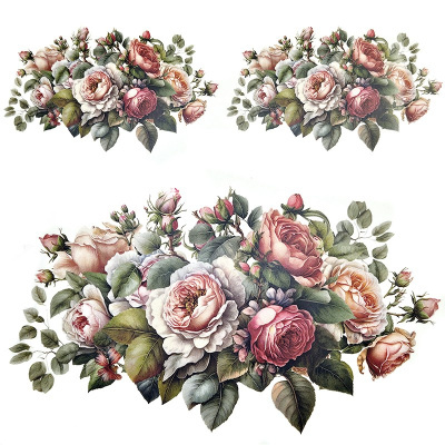 Decalques florais com rosas rosas, creme e vermelhas e folhas verdes