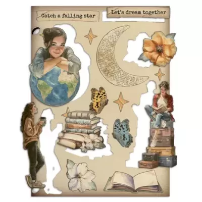 Autocolantes em papel com ilustrações de pessoas, livros, flores, borboletas e texto em inglês