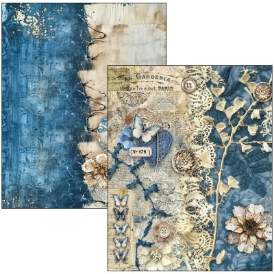 Papel decorativo vintage com flores, borboletas e texto em azul e creme