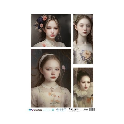 Quatro retratos digitais femininos com detalhes florais e texto de marca na parte inferior