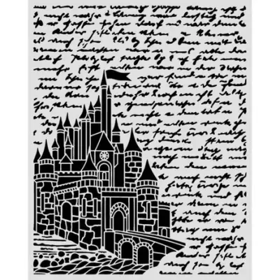 Imagem a preto e branco de castelo estilizado com texto manuscrito ao fundo