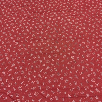 Tecido vermelho com padrão branco de utensílios de cozinha