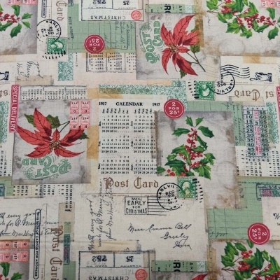 Tecido estampado vintage com cartões-postais e flores vermelhas