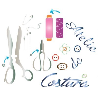 Ferramentas de costura e texto Atelie de Costura em fundo branco