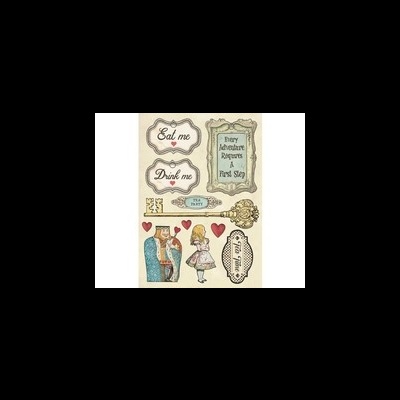 Etiquetas decorativas vintage com textos e figuras coloridas, incluindo rei e dama, frase e chave antiga.