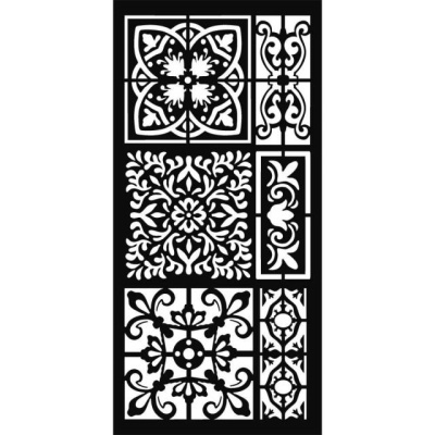 Padrão decorativo preto e branco estilo azulejo com desenhos florais e geométricos.