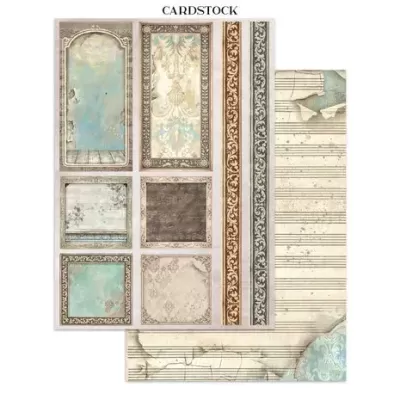 Folhas de papel cartão padrão vintage para scrapbooking com molduras e pauta musical.