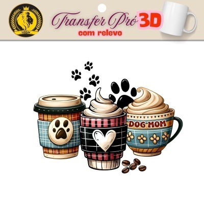 Três canecas de café coloridas com temas de patas de cão e texto 'DOG MOM'