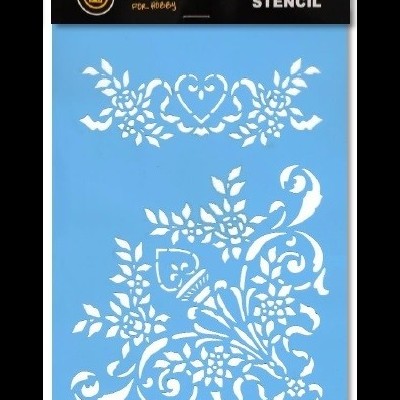 Stencil azul com padrões florais e corações, embalagem preta com texto ATILA FOR HOBBY 80470 STENCIL