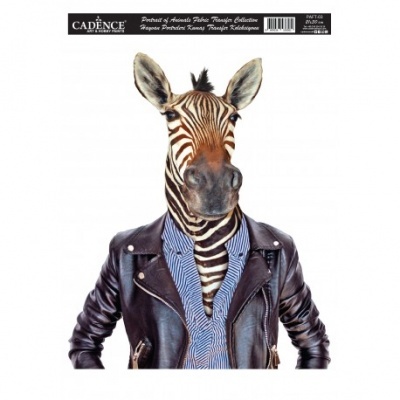 Zebra com casaco de pele e camisa azul às riscas em fundo branco