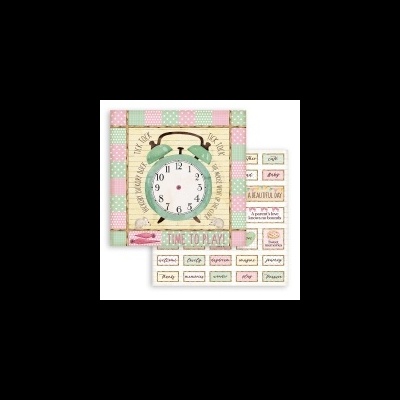 Papel decorativo para scrapbooking com padrão de relógio verde e palavras em pequenos retângulos coloridos