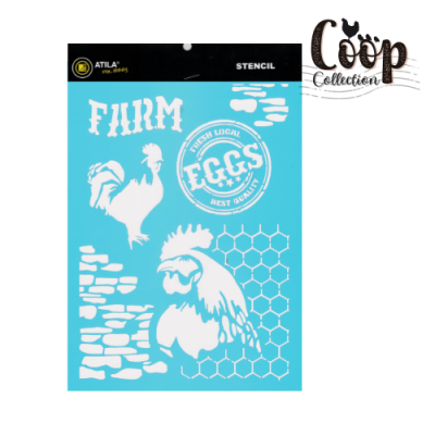 Stencil azul com desenhos de galinhas e texto sobre ovos frescos