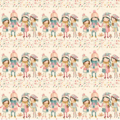 Papel de parede com padrão de meninas em roupa de inverno e flores em fundo creme