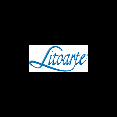 Logotipo azul da palavra Litoarte em fundo branco