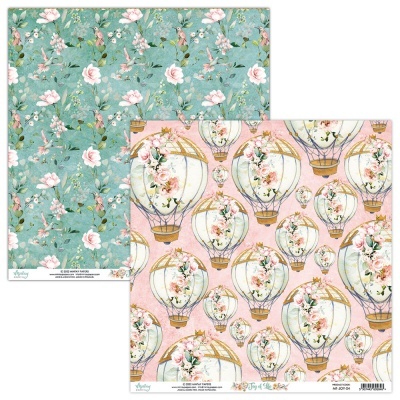 Papel de scrapbooking com padrões florais e balões de ar quente em tons pastel