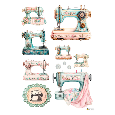 Máquinas de costura vintage decoradas com padrões florais e cores pastel