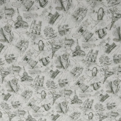 Pano estampado antigo com desenhos e textos em preto e branco