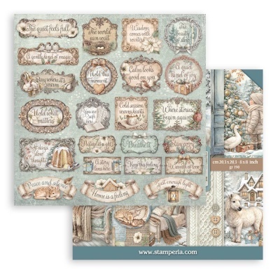 Papel decorativo com etiquetas de mensagens e imagens de inverno e Natal em tons pastéis