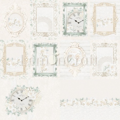 Molduras decorativas e relógios em padrão floral e rendado com cores claras