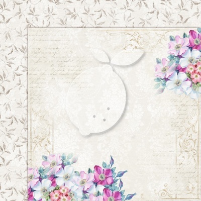 Papel decorativo branco com padrão floral lilás, rosa e azul e texto cursivo em fundo branco