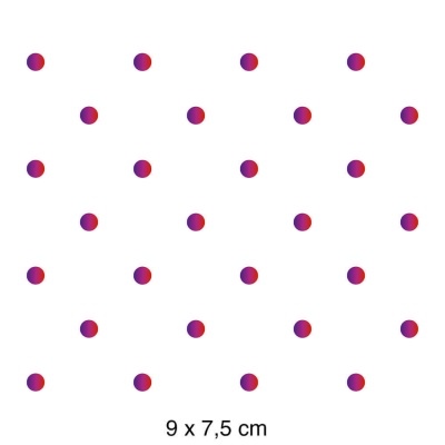 Padrão com pontos bicolores roxo e vermelho em fundo branco com dimensões 9 x 7,5 cm