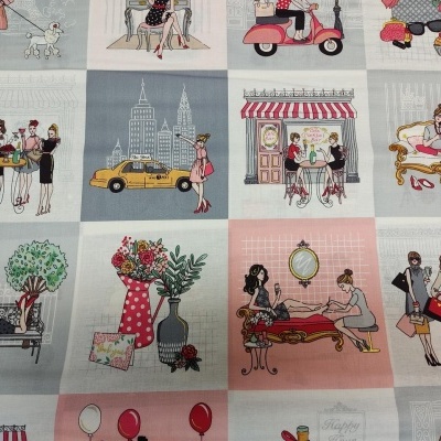 tecido com padrões de ilustrações de mulheres em várias atividades em cores suaves