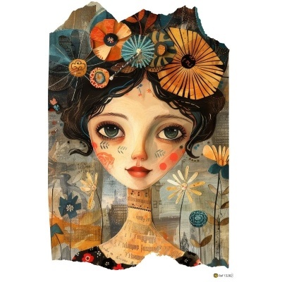 Ilustração de mulher com flores no cabelo e fundo floral em tons azuis e laranja