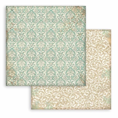 Folhas de papel para scrapbooking com padrão floral barroco em azul esverdeado e bege