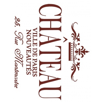 Arte gráfica com texto castanho 'CHÂTEAU', 'VILLE DE PARIS NOUVEAUTÉS', '25. Rue Montmartre' e uma coroa decorativa.