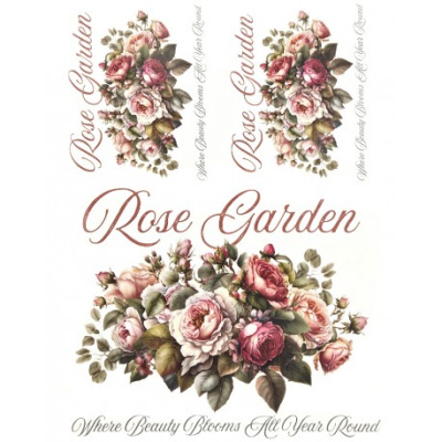 Ilustração de arranjos de rosas com textos Rose Garden e Where Beauty Blooms All Year Round