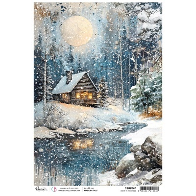 Pintura de cabana de madeira na floresta nevada à noite com lua cheia e neve a cair