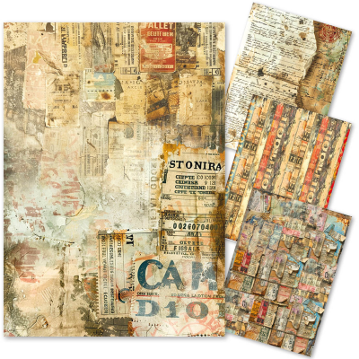 Gravuras decorativas vintage com padrões de papéis antigos e etiquetas