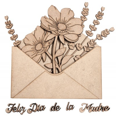 Envelope de madeira com flores e texto Feliz Día de la Madre