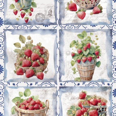 Quadros decorativos com ilustrações de morangos em cestos e tigelas com fundo branco e azul