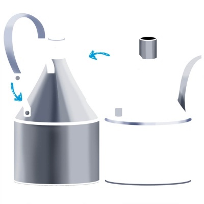 Duas cafeteiras Moka prateadas e brancas com indicação de montagem