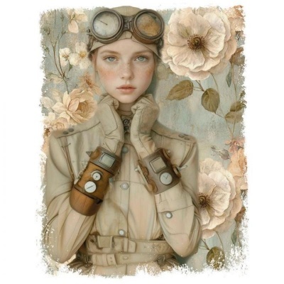 Mulher com roupas bege e acessórios estilo vintage, fundo floral claro