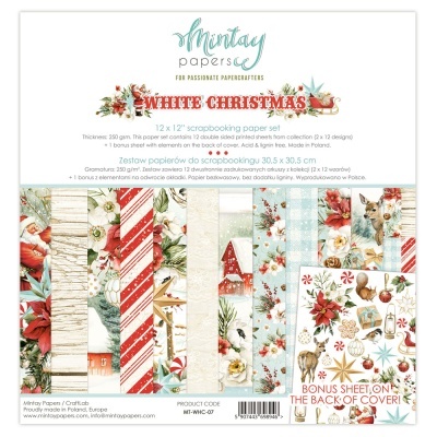 Papel decorativo para scrapbook tema Natal com desenhos de flores, veados e decorações natalícias