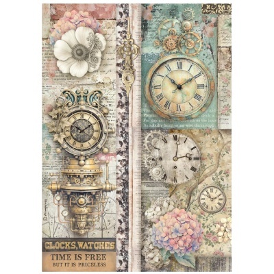 Imagem vintage com quatro relógios e flores em tons pastel