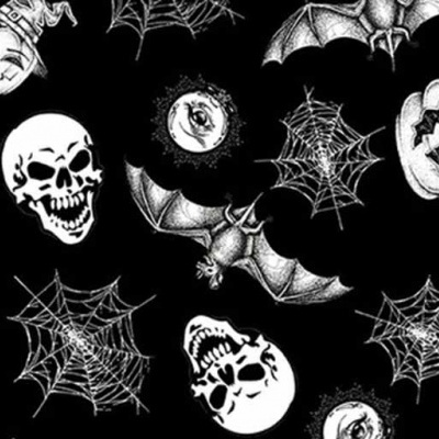 Padrão halloween com caveiras, morcegos, teias e abóboras brancas sobre fundo preto