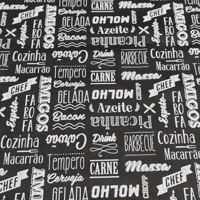 Tecido preto com estampas brancas de palavras relacionadas à gastronomia.
