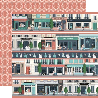 Papel de parede com padrão de ruas urbanas francesas e vitrinas de lojas