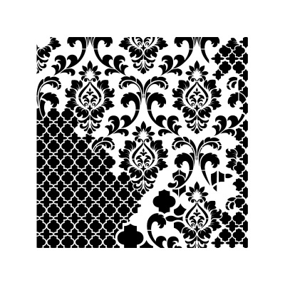 Padrão decorativo preto e branco com motivos florais e losangos entrelaçados