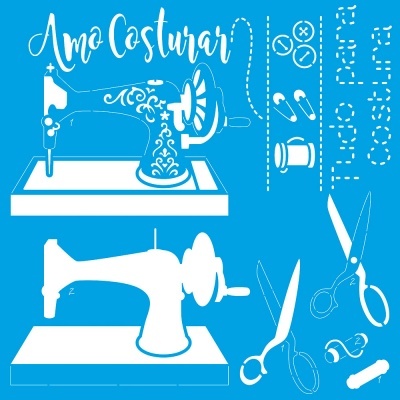 Desenhos brancos de máquina de costura vintage, ferramentas de costura e texto sobre fundo azul