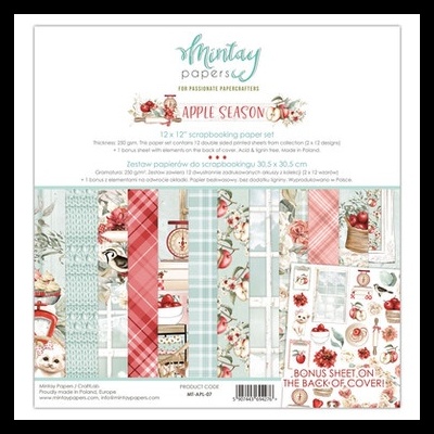 Papel decorativo para scrapbooking Mintay Papers Apple Season com vários padrões e cores vermelhas, brancas e verdes.