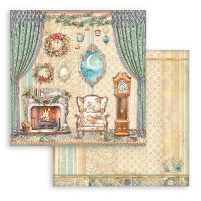Papel decorativo vintage com tema de sala natalícia e padrões elegantes em tons dourado e azul.