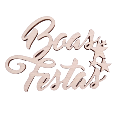 Decoração de madeira com a frase 'Boas Festas' e estrelas