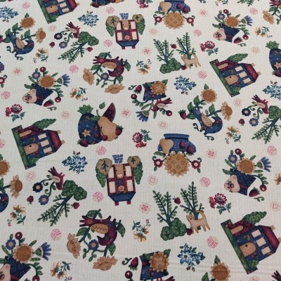 Tecido branco com padrão colorido de desenhos infantis com casas, árvores e personagens